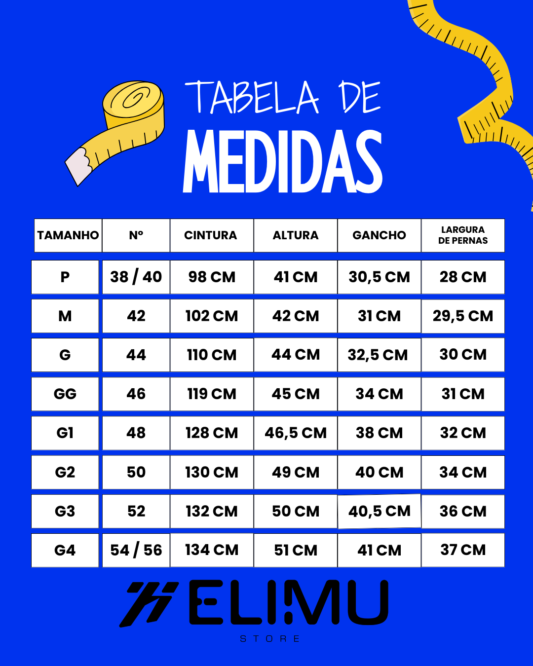 tabela de medidas shorts p ao g4